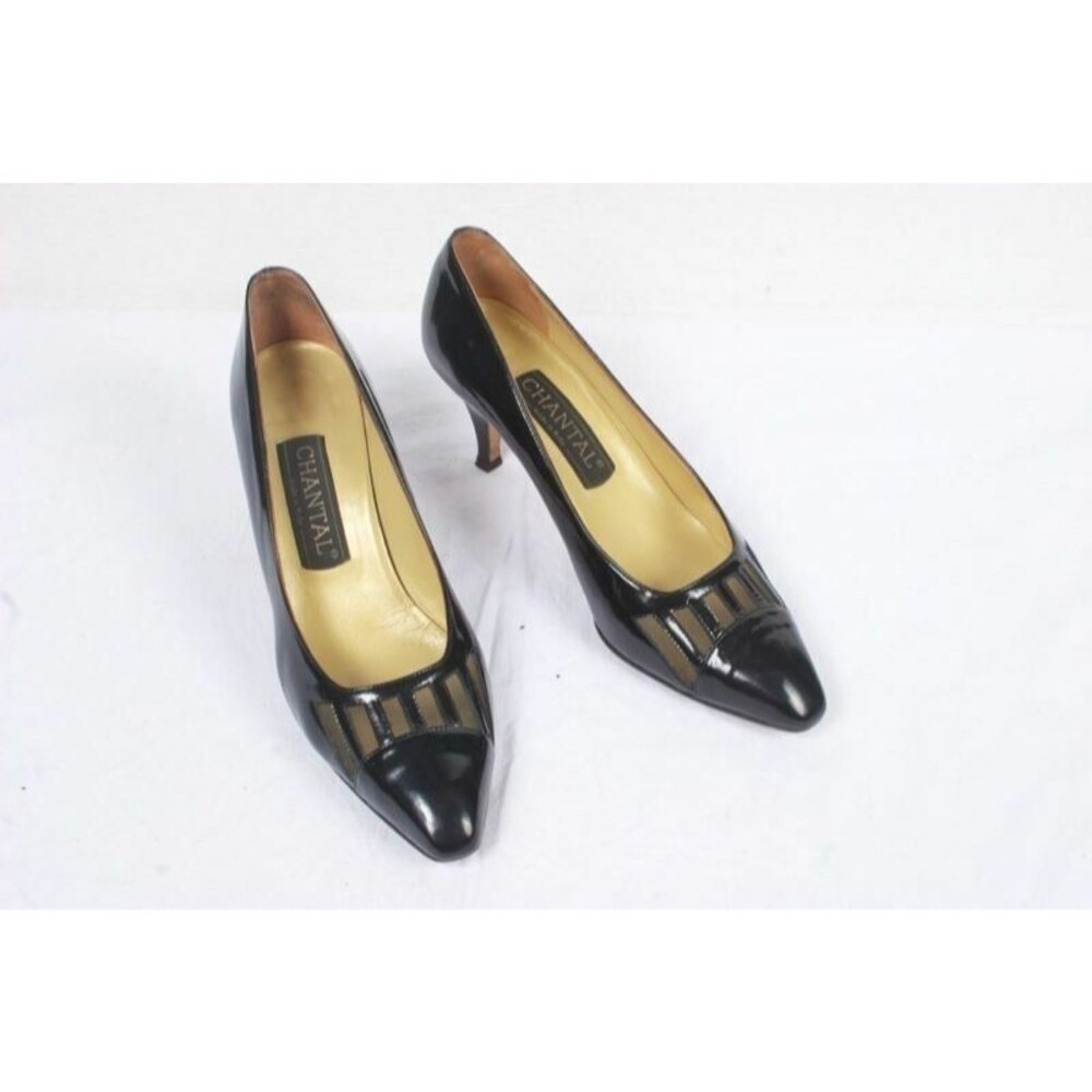 Chantal Black Leather Mesh Toes Dress 2.5 in. Heels Women sz. 9 M Made in Italy